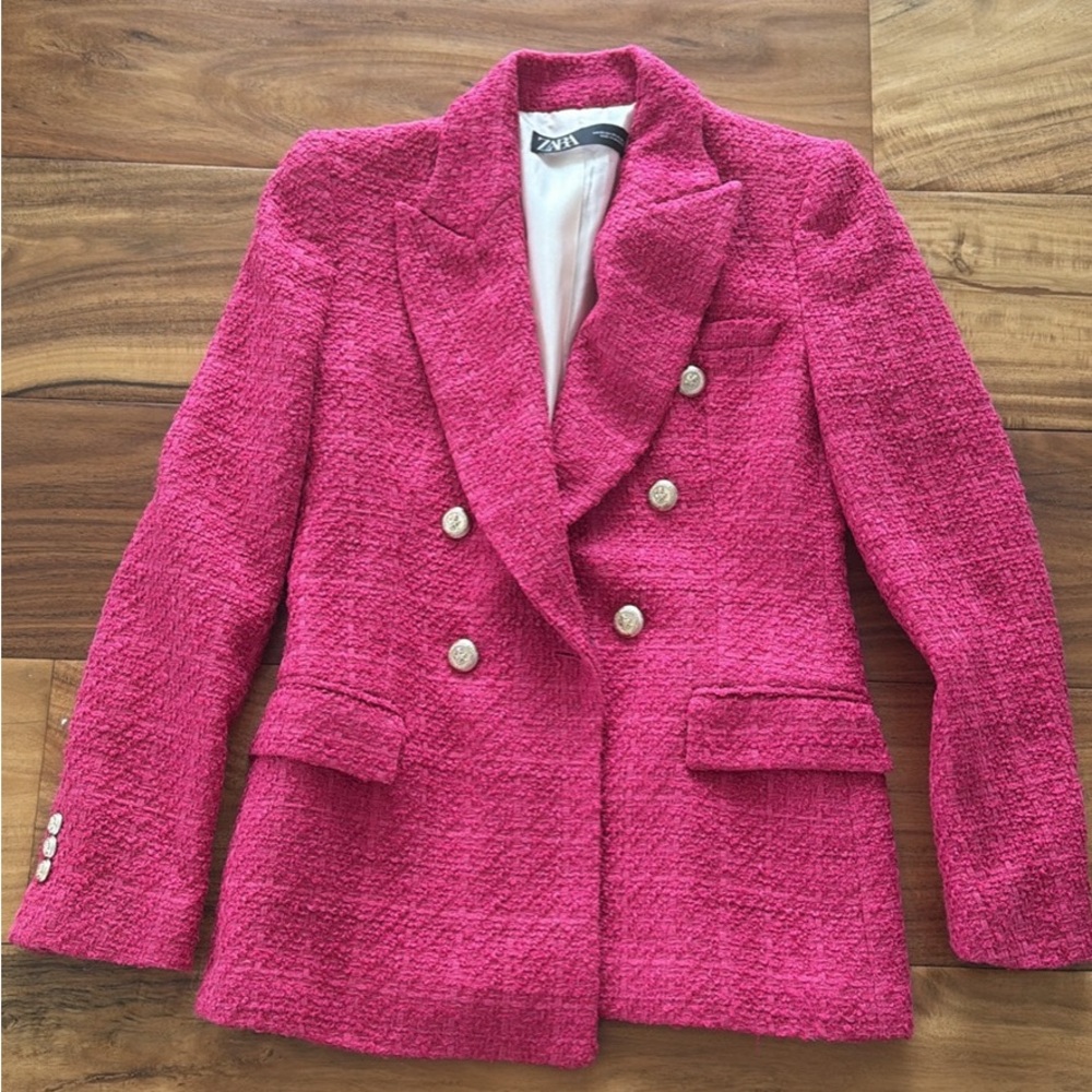 ZARA Hot Pink Tweed Double-Breasted Blazer